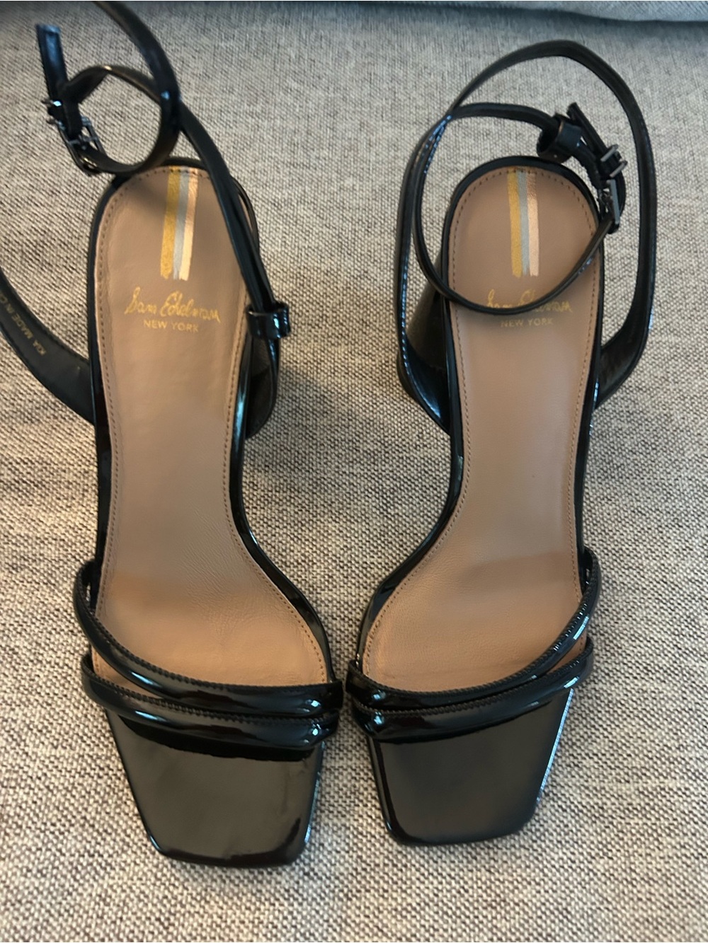 Sam Edelman Black Patent Square-Toe Ankle-Strap Heels